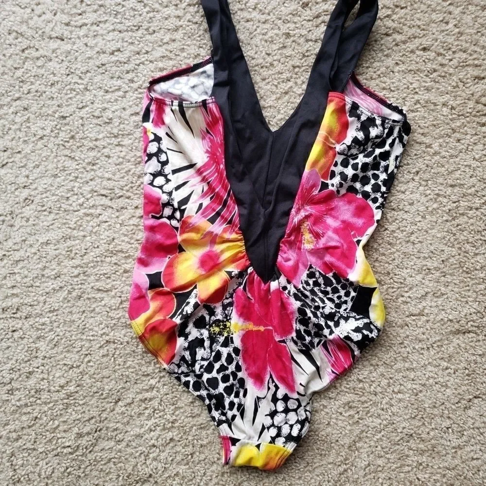 Vintage Tropical Plunging Neckline Pink Swimsuit Medium Like New
